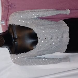 GUESS Mini Cropped Cardigan, gray w/white polka dots, scoop neck